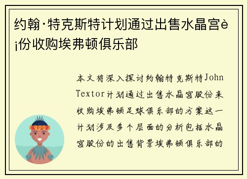 约翰·特克斯特计划通过出售水晶宫股份收购埃弗顿俱乐部 约翰·特克斯特计划通过出售水晶宫股份收购埃弗顿俱乐部